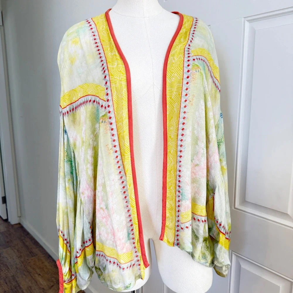 Anthropologie Kimono Cardigan OS Green Yellow Watercolor Boho Artsy whimsical - Picture 2 of 9